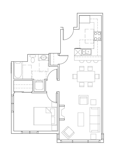 Floor plan for 1 bed, 1 bath, 747 sqft